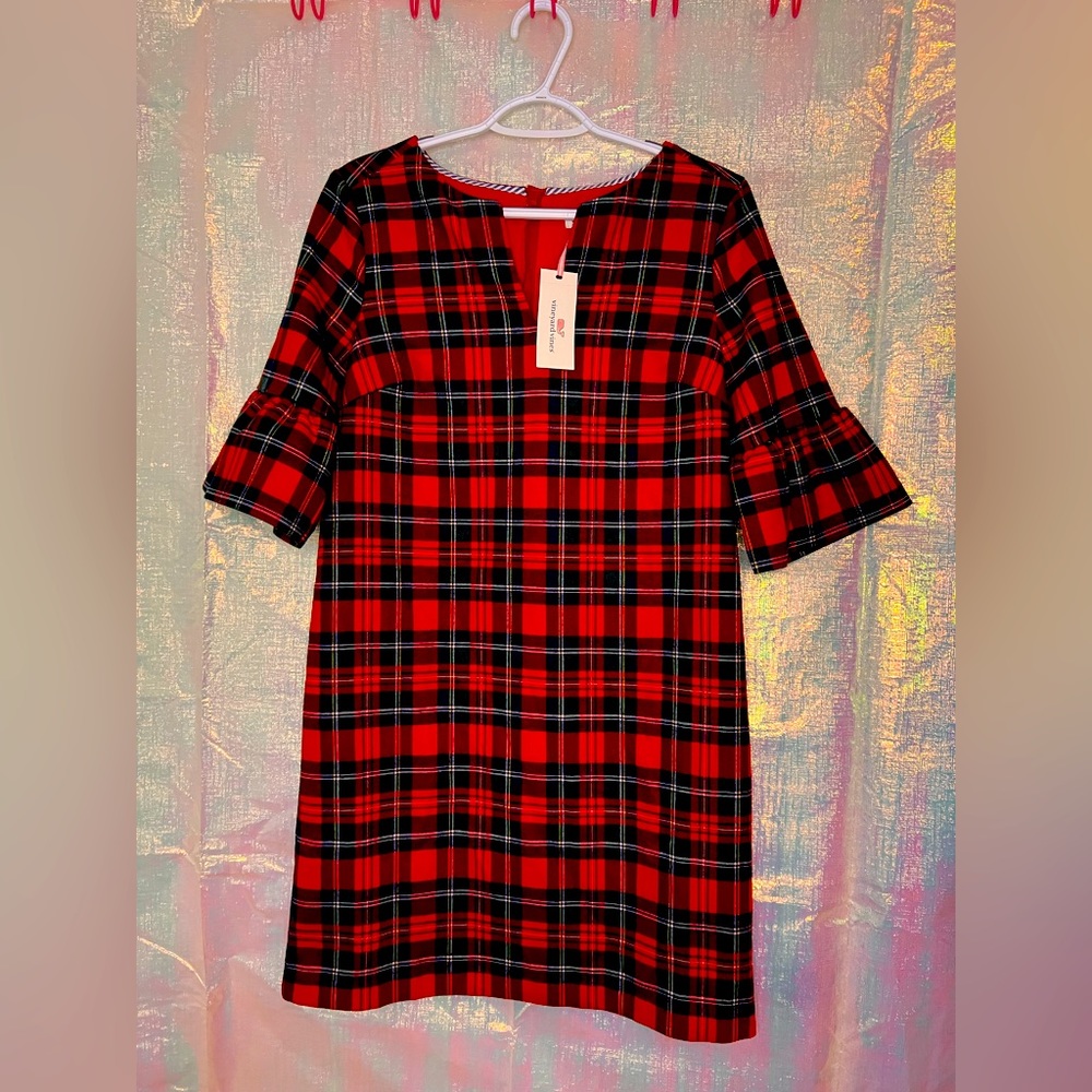NWT Vineyard Vines Plaid Greenwich Flutter Sleeve Dress, size 2.